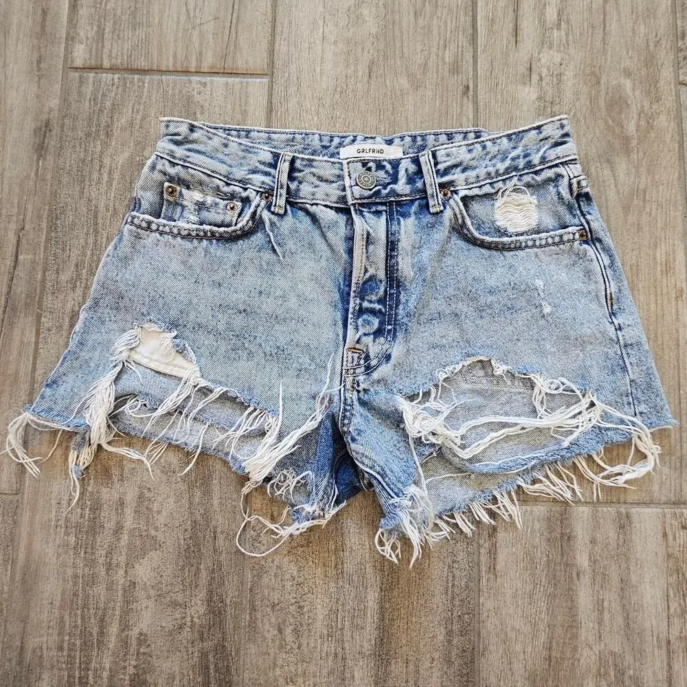 GRLFRND Helena High-Rise Distressed‎ Cut-Off Denim Shorts Women’s 25 Light Wash